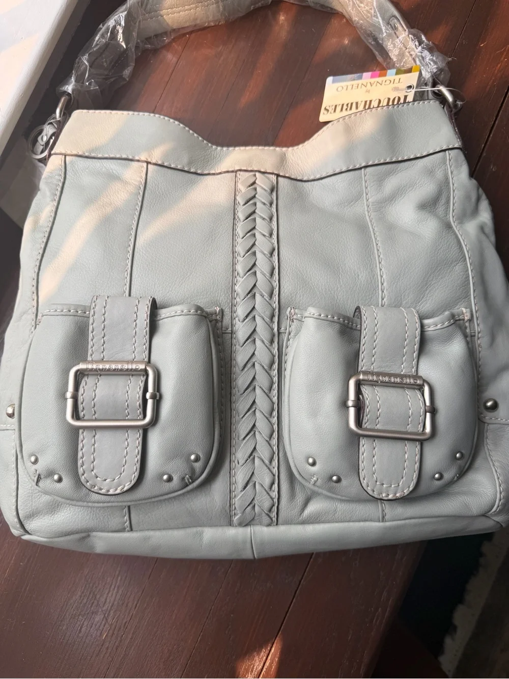 NWT- Tignanello Glove Leather Pocket Hobo with Braided Accent & Keyfob